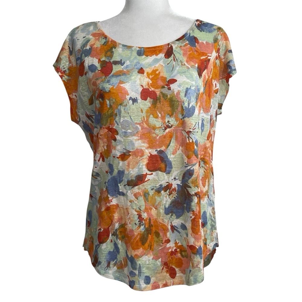 Joie Floral Print 100% Linen Short Cap Sleeve Top